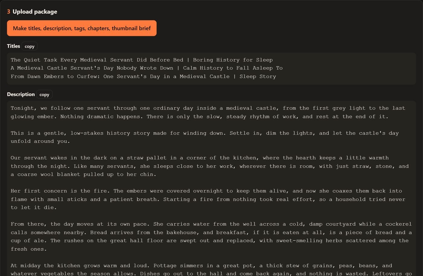 Upload package with three titles and a description